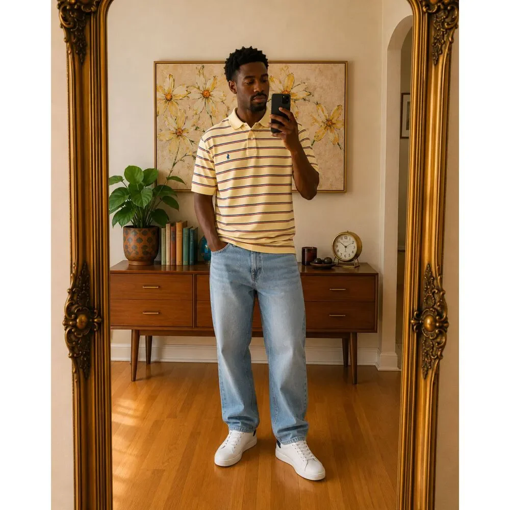 Vintage Ralph Lauren Polo Shirt Mens XL Yellow Striped Americana Preppy 90s